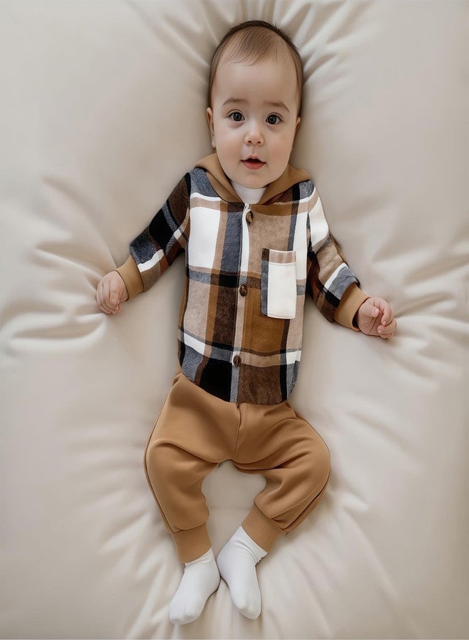 Douhoow Infant Baby Fall Clothes Boy Girl Plaid Hoodie Sweatshirt Romper Flannel Tops+ Sweatpants Festival Outfits (Brown, 0-6 Months) - Image 4