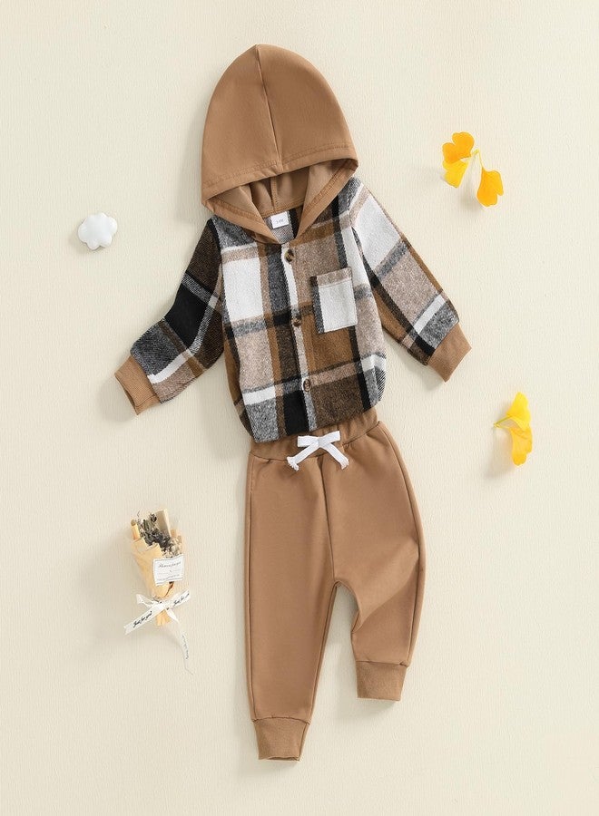 Douhoow Infant Baby Fall Clothes Boy Girl Plaid Hoodie Sweatshirt Romper Flannel Tops+ Sweatpants Festival Outfits (Brown, 0-6 Months) - Image 3
