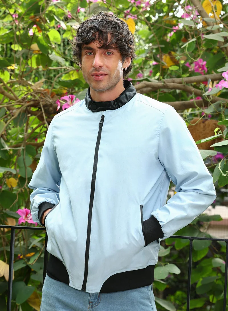 Campus Sutra Men Block Rider Bomber Jacket | Snap-Band Collar, Long Ribbed-Cuff Sleeves | Zipper , Ribbed-Straight Hem | Colourblock Plain | Woven Fabric For Casual & Daily Wear | Powder Blue
