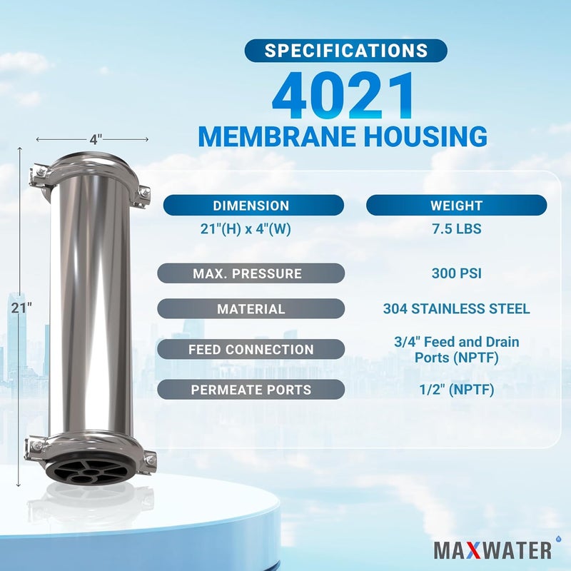 Max Water 4021 - Heavy Duty, Stainless Steel - Reverse Osmosis Commercial Membrane Housing 4" x 21" - Image 2