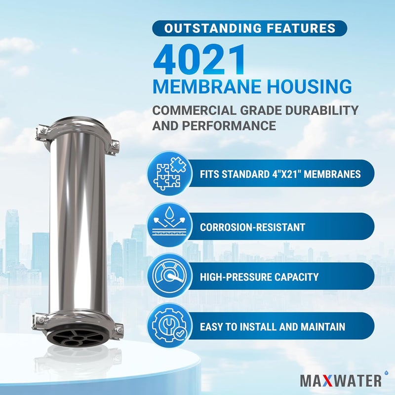 Max Water 4021 - Heavy Duty, Stainless Steel - Reverse Osmosis Commercial Membrane Housing 4" x 21" - Image 5