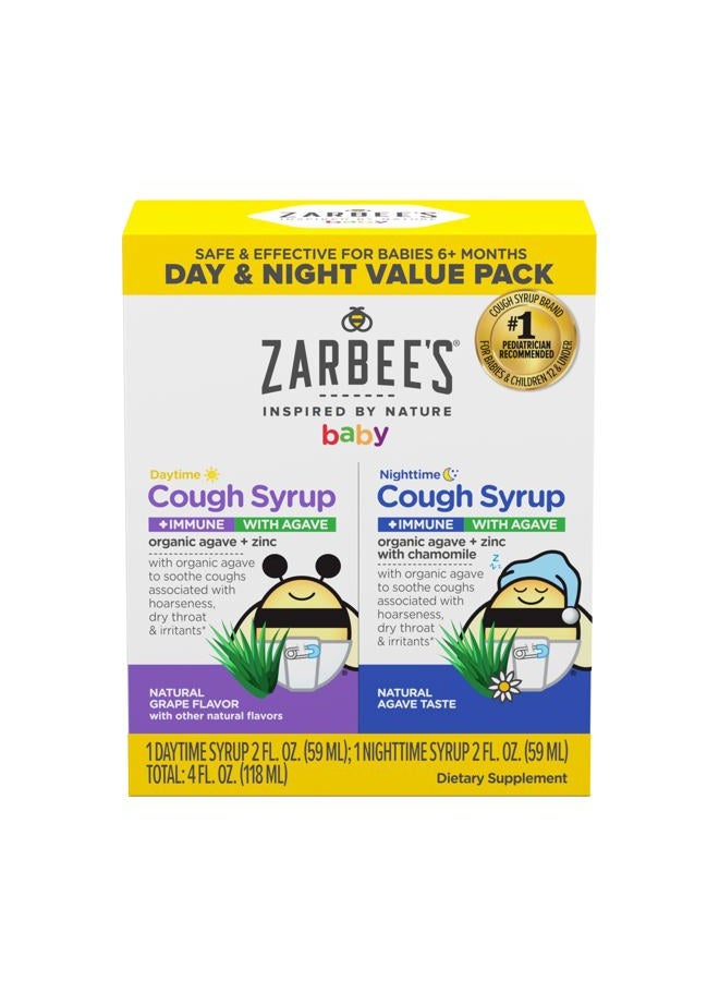 Zarbee's Baby Day & Night Cough Medicine & Syrup Value Pack with Organic Agave + Zinc for Immune Support, Natural Grape Daytime & Chamomile Nighttime, Baby Cough Medicine, 2 x 2 fl oz - Image 1