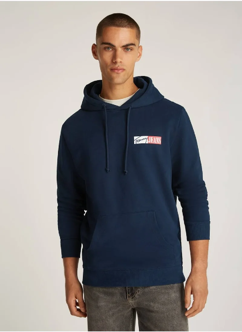 TOMMY JEANS Men's Signature Logo Drawstring Hoody - Cotton, Blue