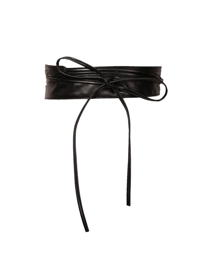 Women's girdle Bow Leather belt Extra long streamer Wide waist wrap all over the girdle（Black） - Image 1