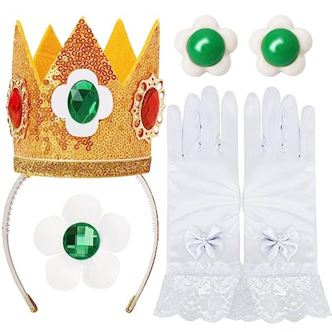 ICECUTE 4 PCS Princess Crown Accessories Kit,Incl. Flower Crown/Brooch/Earring/Glove,Dress Up Accessories for Women Gold - Image 1