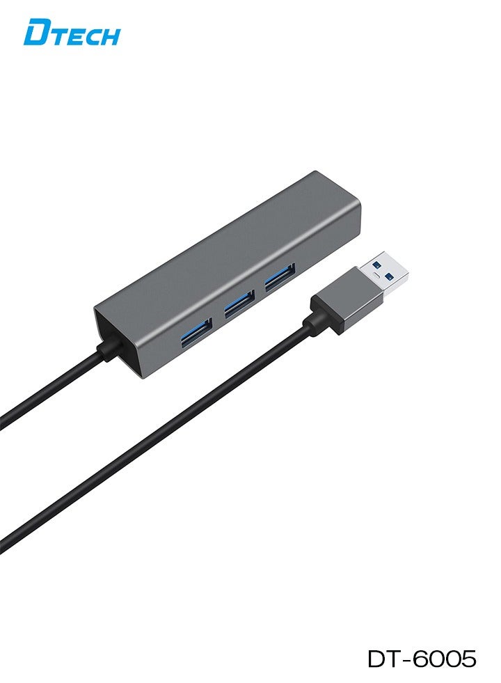 Dtech 3-Port USB 3.0 to Ethernet Adapter Hub | 10/100/1000 Mbps Gigabit Network Converter | RJ45 LAN Adapter with 3 USB 3.0 Ports for Laptop, Desktop, Mac, Windows, Chrome OS – Plug & Play, Dark Grey - Image 1