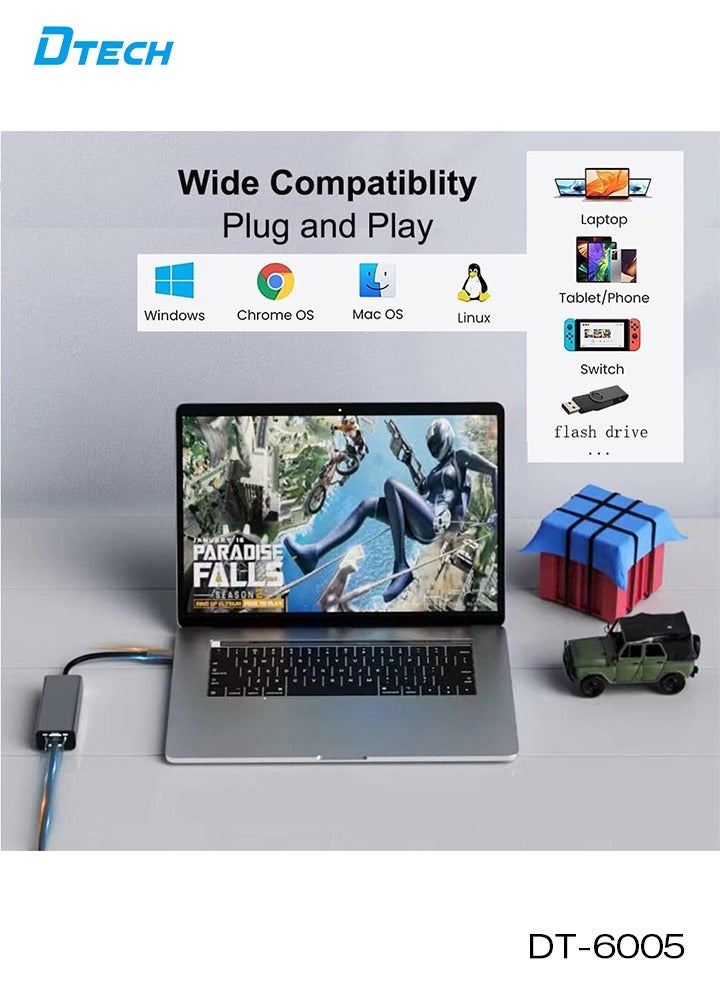 Dtech 3-Port USB 3.0 to Ethernet Adapter Hub | 10/100/1000 Mbps Gigabit Network Converter | RJ45 LAN Adapter with 3 USB 3.0 Ports for Laptop, Desktop, Mac, Windows, Chrome OS – Plug & Play, Dark Grey - Image 4