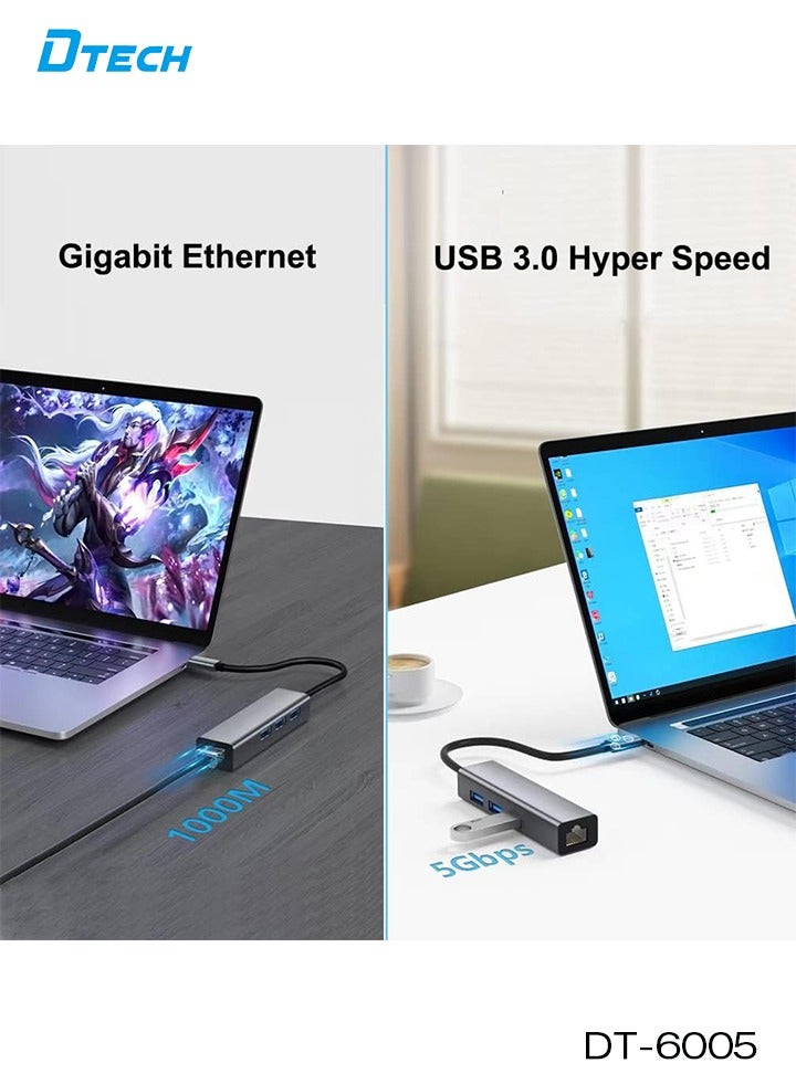 Dtech 3-Port USB 3.0 to Ethernet Adapter Hub | 10/100/1000 Mbps Gigabit Network Converter | RJ45 LAN Adapter with 3 USB 3.0 Ports for Laptop, Desktop, Mac, Windows, Chrome OS – Plug & Play, Dark Grey - Image 5