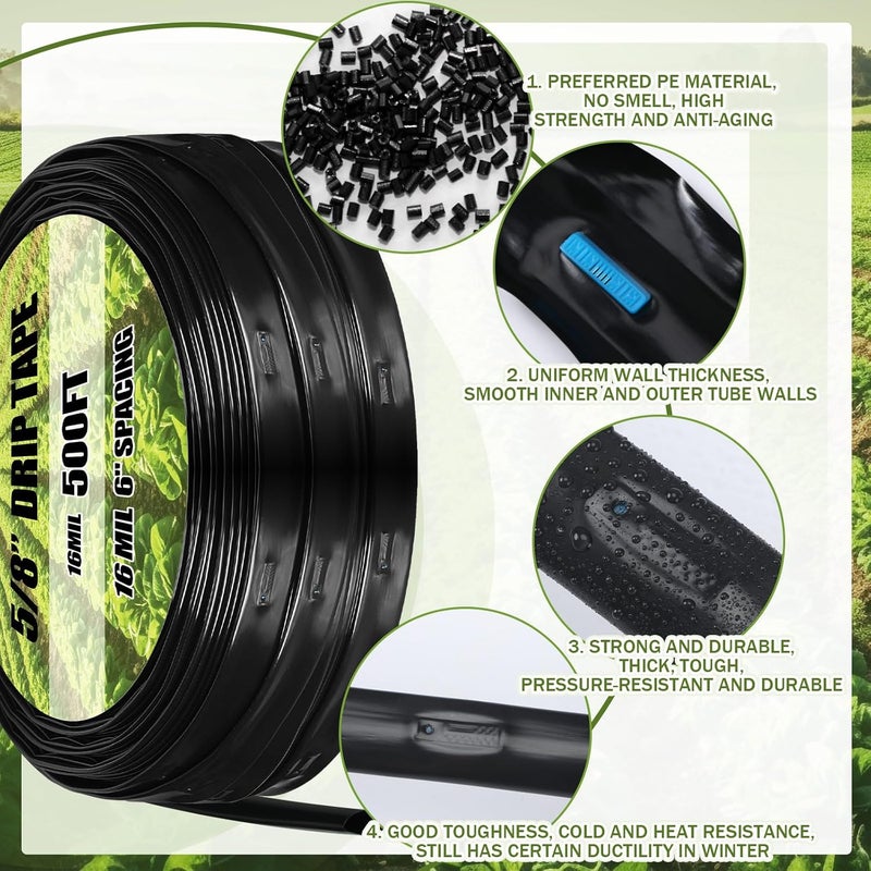 Tondiamo Tondiamo 500 ft 58 Inch Drip Tape Irrigation Tubing Kit 8 Mil 6 Spacing Hose Garden Landscape Irrigation System Automatic Equipment for Farms - Image 3