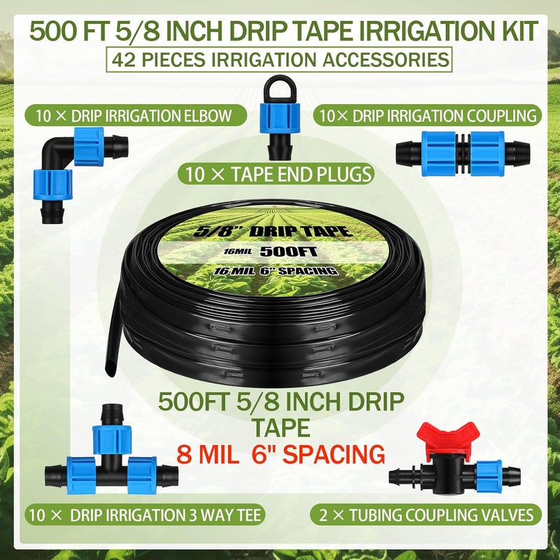 Tondiamo Tondiamo 500 ft 58 Inch Drip Tape Irrigation Tubing Kit 8 Mil 6 Spacing Hose Garden Landscape Irrigation System Automatic Equipment for Farms - Image 2