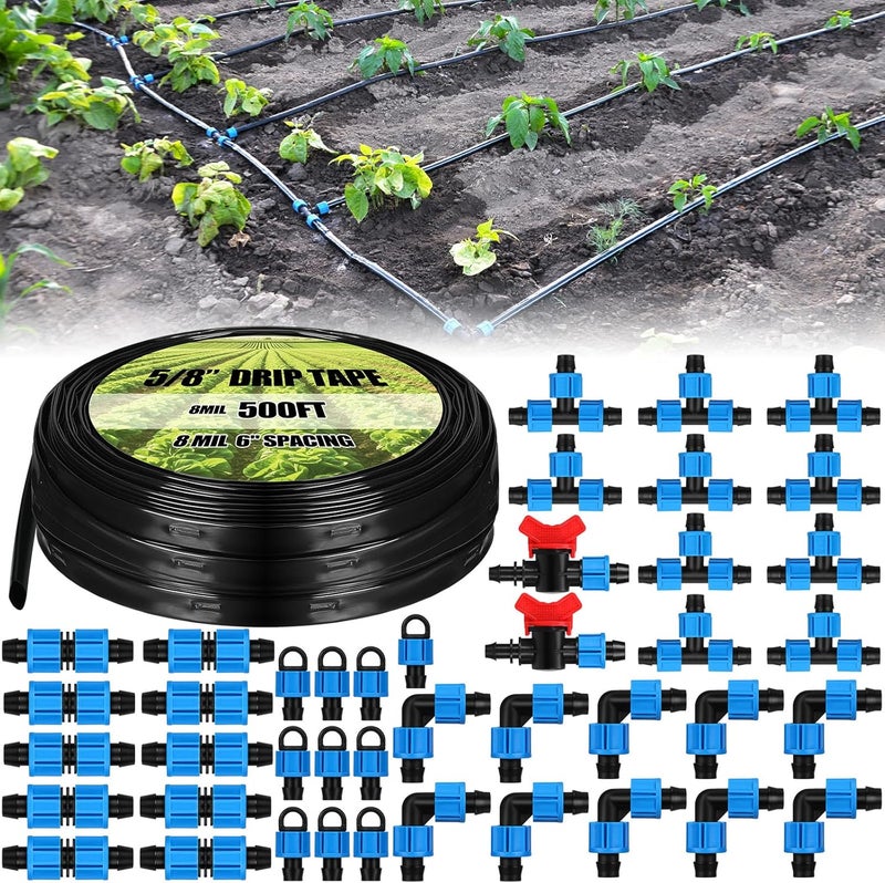 Tondiamo Tondiamo 500 ft 58 Inch Drip Tape Irrigation Tubing Kit 8 Mil 6 Spacing Hose Garden Landscape Irrigation System Automatic Equipment for Farms - Image 1