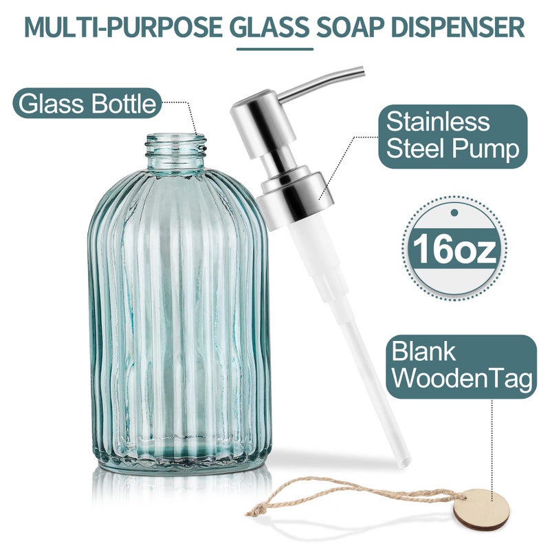 Moclif 16Oz Fashion Stripe Clear Glass Refillable Soap Dispenser With 304 Stainless Steel Pump Premium Soap Dispenser For Kitchen Bathroom Hand Sanitizer Liquid Soap Lotion Etc. (Clear Blue) - Image 2