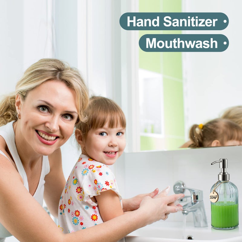 Moclif 16Oz Fashion Stripe Clear Glass Refillable Soap Dispenser With 304 Stainless Steel Pump Premium Soap Dispenser For Kitchen Bathroom Hand Sanitizer Liquid Soap Lotion Etc. (Clear Blue) - Image 4