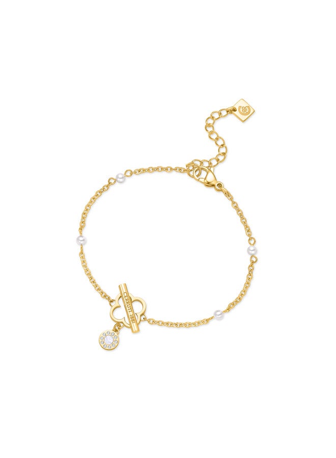 CERRUTI 1881 Greta BraceletClassic Clover-Shaped Stud with T-Bar, Silver and Gold-Plated Elements, Pearl Drop - Image 1