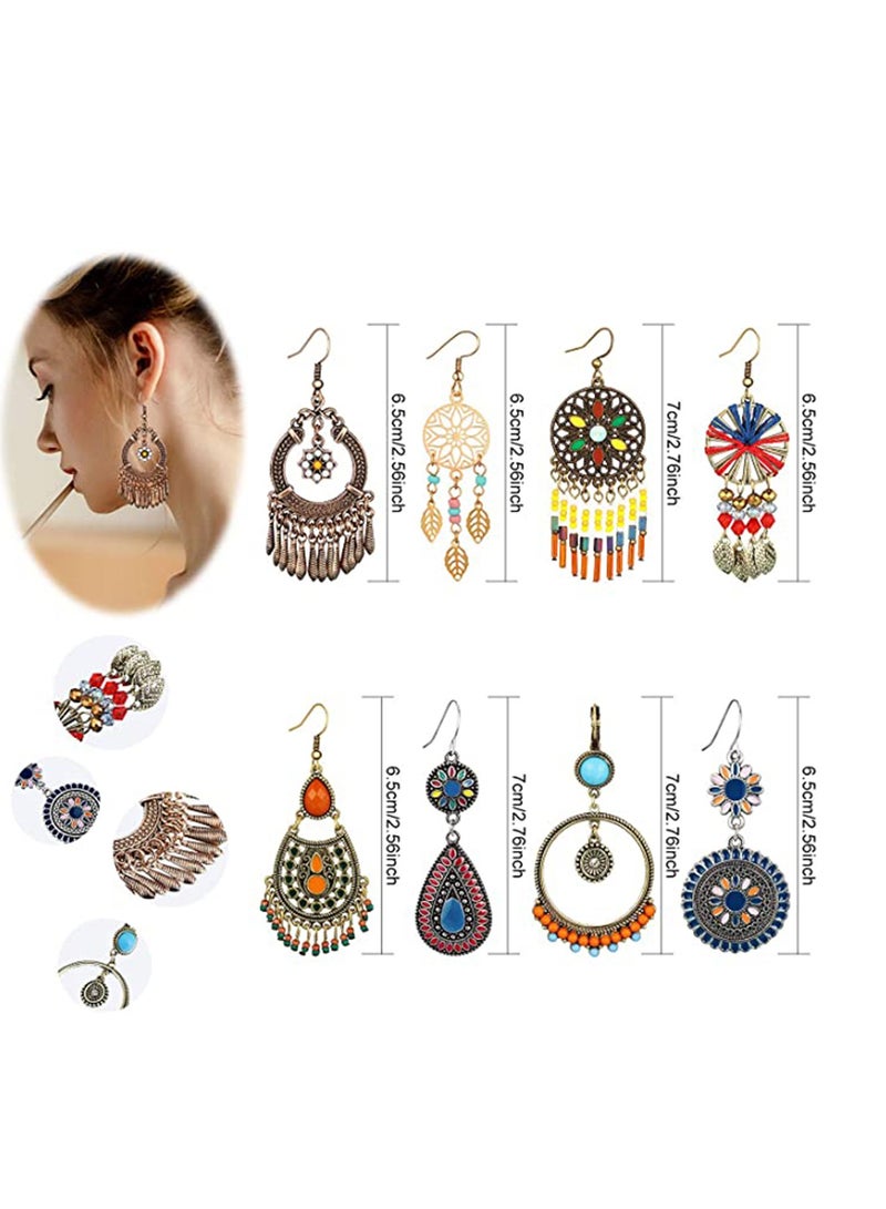 Barakah 8 Pairs Bohemian Earrings for Women, Dangle Earrings, Girls Retro Metal Hollow Earrings, Unique Handmade Hoop Spiral Earring, Vintage Colorful Round Circle Geometry Dangle Drop Earrings Jewelry Gifts - Image 2