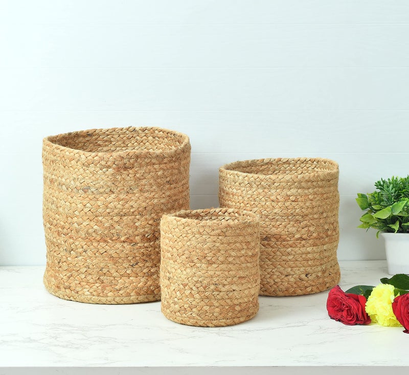 LaVichitra Braided Jute Baskets | Storage Bins Organizer | Laundry, Toys & Planter Basket- Set of 3 (6,8,10 Inch) - Image 1