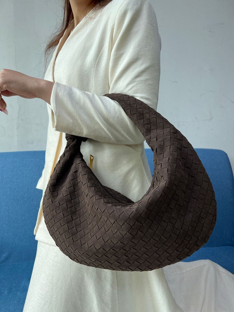 Women'S Large Frosted Suede Tie Wrist Bag Heavy Weight Hand-Woven Casual Large Shoulder Bag - Image 1