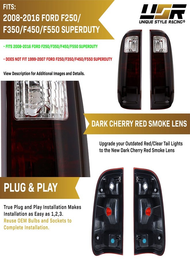 USR UNIQUE STYLE RACING USR DEPO 08-16 Super Duty Dark Cherry Red Smoke Rear Tail Lights (Left + Right) Compatible with 2008-2016 Ford Super Duty F250 F350 F450 (Dark Cherry Red Lens, Plug and Play, 2 PC Set) - Image 4