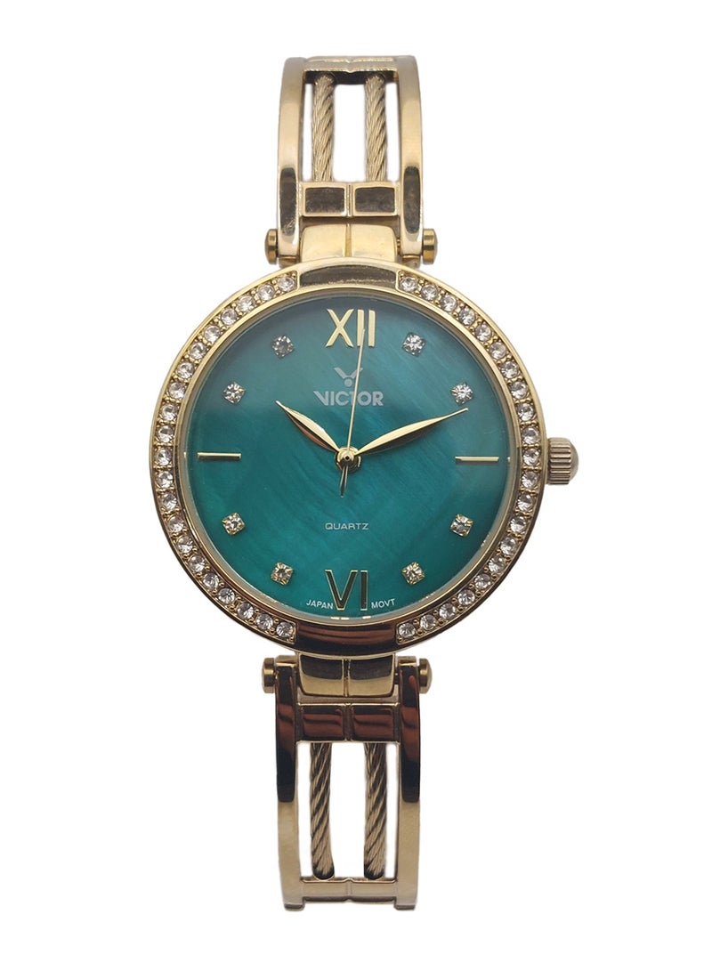 Victor ساعة نسائية أنالوج كوارتز بسوار من الفولاذ المقاوم للصدأ باللون الذهبي V1520 - 32 مم - Image 1