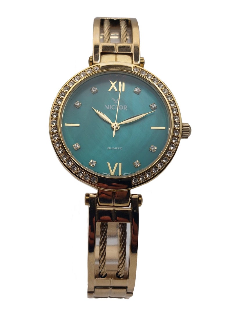 Victor ساعة نسائية أنالوج كوارتز بسوار من الفولاذ المقاوم للصدأ باللون الذهبي V1520 - 32 مم - Image 2