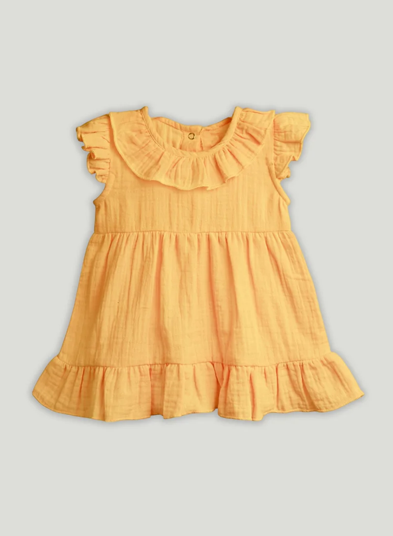 LUAY LUAY 100% Linen Mustard Baby Frock, with Frills, Dress for Baby Girls, Cute and Trendy Summer Dress for Babies.