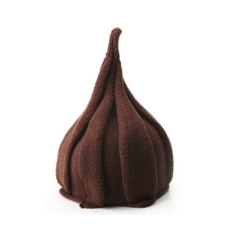 Cute Flower Knit Baby Cap with Twisted Top Coffee