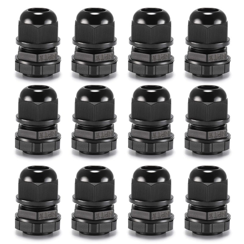 QILIPSU 12pcs 12 NPT Cable Gland Waterproof IP68 Nylon Cable Pass Through Cord Grip Connector Strain Relief Wire Grommet