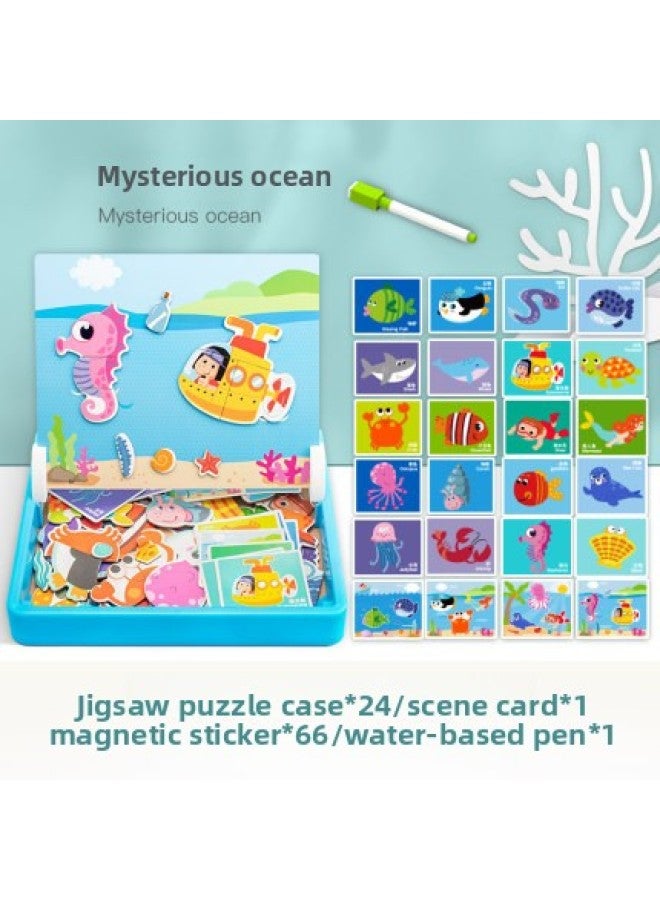 Children's Magnetic Fun Double-sided Drawing Board Jigsaw Puzzle Board Enlightenment Early Education Intelligence Wooden Toys-Color:Mysterious Ocean - Image 1