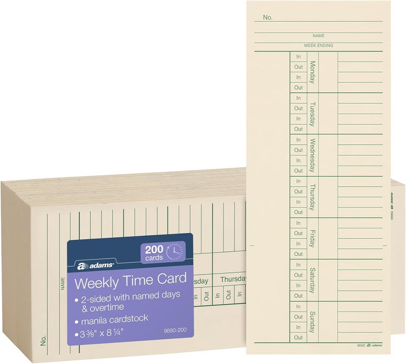 Adams Weekly Time Cards - 2-Sided Overtime Format, Manila, 200-Count, 3-3/8" x 8-1/4" - Image 1