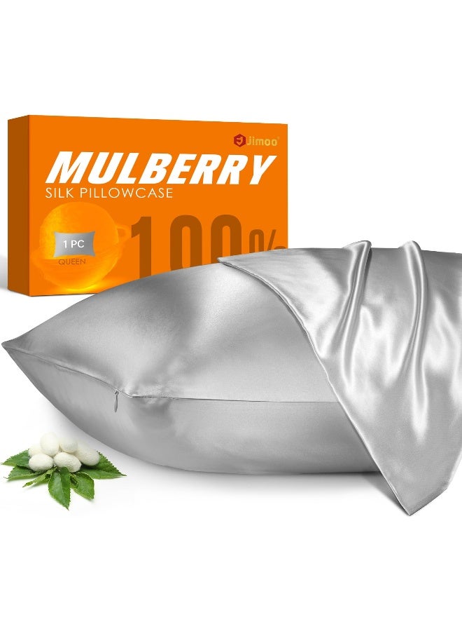 J JIMOO 100% Mulberry Silk Pillowcase for Hair and Skin, 22 Momme Pure Natural Silk Pillow Case Both Sided with Zipper, Pillow Cover for Women Mom Men (Silver Grey, King 20''×36'') - Image 1