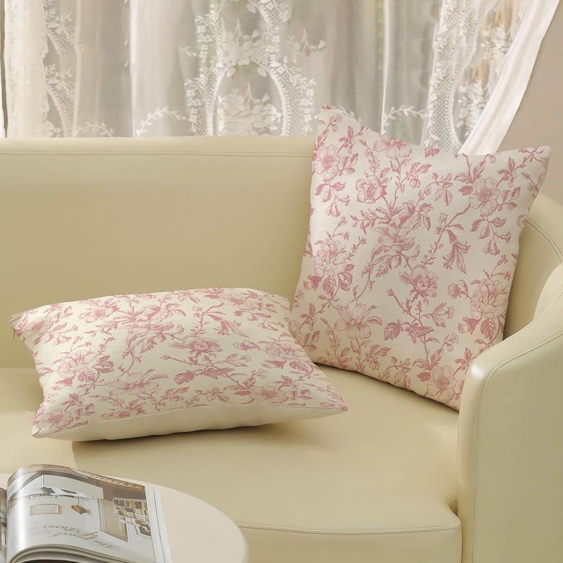 JEFERSO Pink Floral Pillow Covers 18x18 Set of 2 Chinoiserie Floral Decorative Throw Pillows Vintage Rustic Flower Toile Pillowcase Linen Outdoor Farmhouse Cushion Cover for Couch Sofa H-5 - Image 5