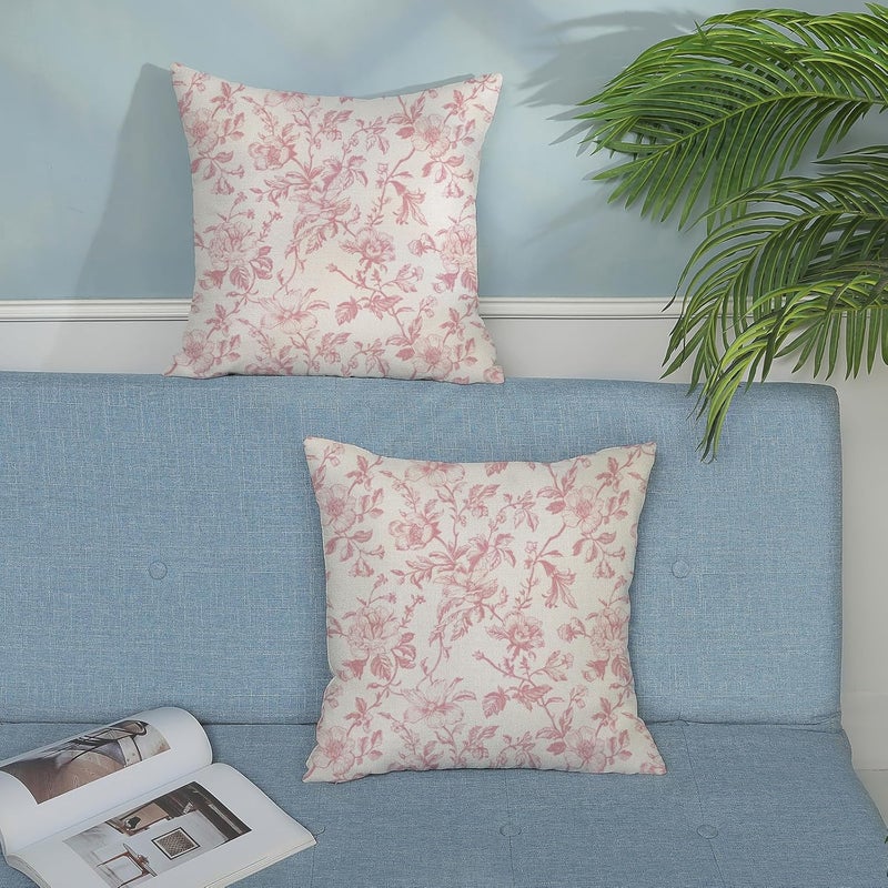 JEFERSO Pink Floral Pillow Covers 18x18 Set of 2 Chinoiserie Floral Decorative Throw Pillows Vintage Rustic Flower Toile Pillowcase Linen Outdoor Farmhouse Cushion Cover for Couch Sofa H-5 - Image 4