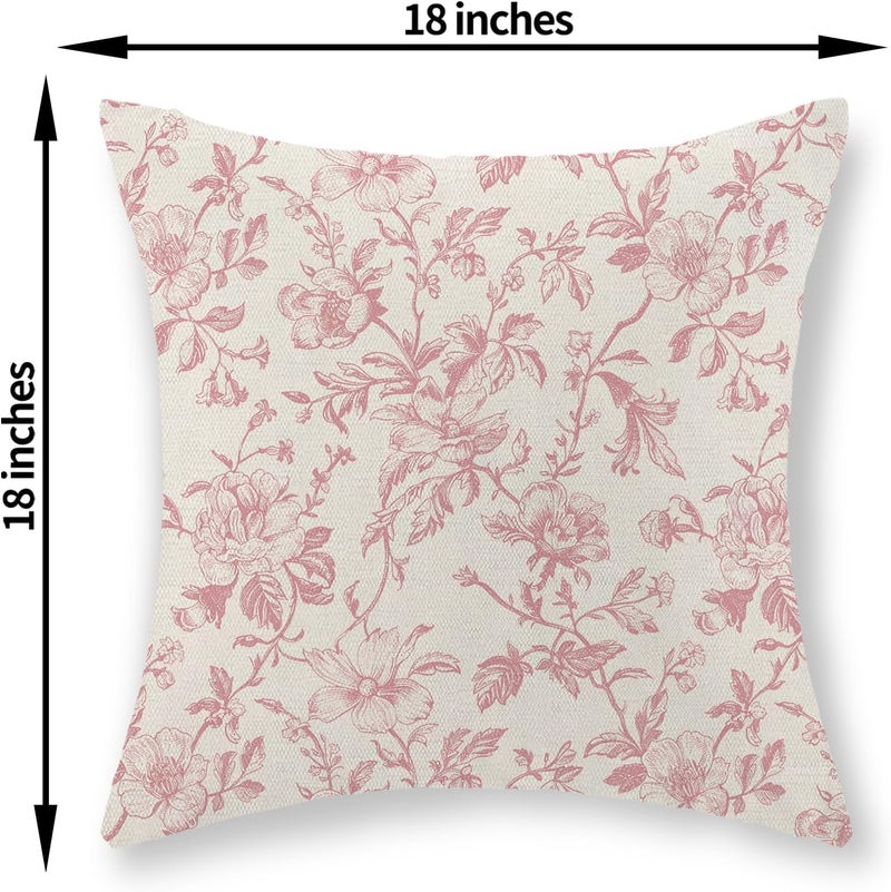 JEFERSO Pink Floral Pillow Covers 18x18 Set of 2 Chinoiserie Floral Decorative Throw Pillows Vintage Rustic Flower Toile Pillowcase Linen Outdoor Farmhouse Cushion Cover for Couch Sofa H-5 - Image 2