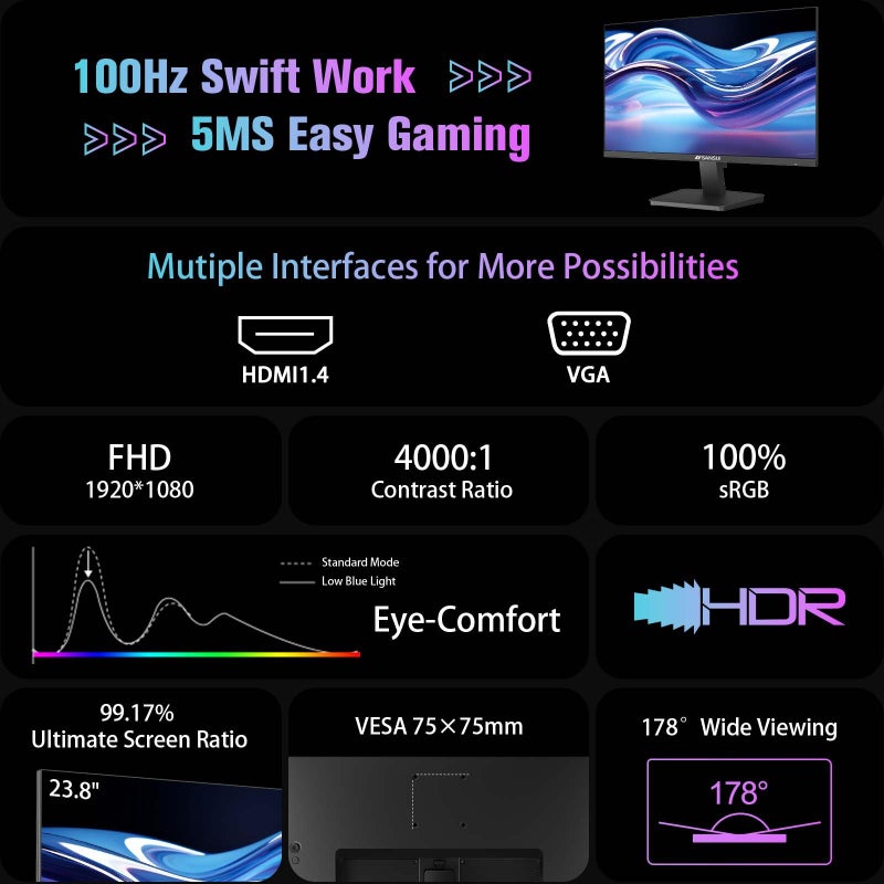 SANSUI Monitor 24 inch 100Hz Computer Monitorä¸¨FHD 1080P PC Monitorä¸¨HDMIä¸¨FreeSyncä¸¨HDRä¸¨Earphone Jackä¸¨ Ergonomic Tilt for Home and Office - Image 3