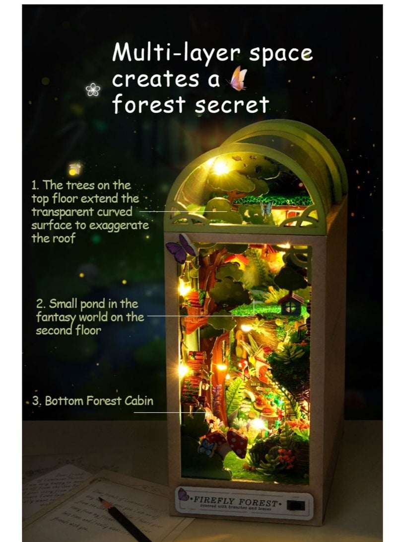 كابتن تيك DIY Book Nook Kit, DIY Dollhouse Wood Bookend, Booknook Bookshelf Insert, DIY Miniature Dollhouse Kit, Bookends Model Build for Adult, Gift for Birthday Mother's Day, Firefly Forest - Image 3