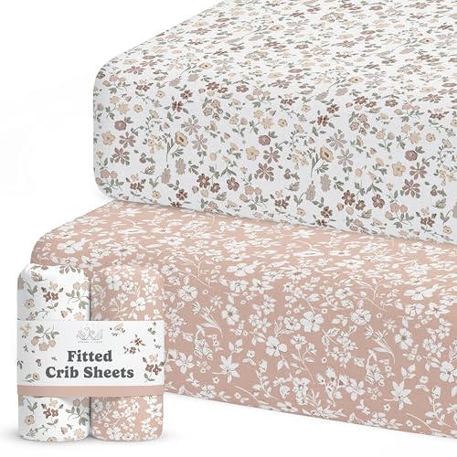 Sorrel + Fern Crib Sheets Neutral - Fitted Baby Crib Sheets Bed for Girl Boy - 2 Pack Standard & Toddler Mattress - Buttery Soft Organic Cotton Blend (Fleurette) - Image 1