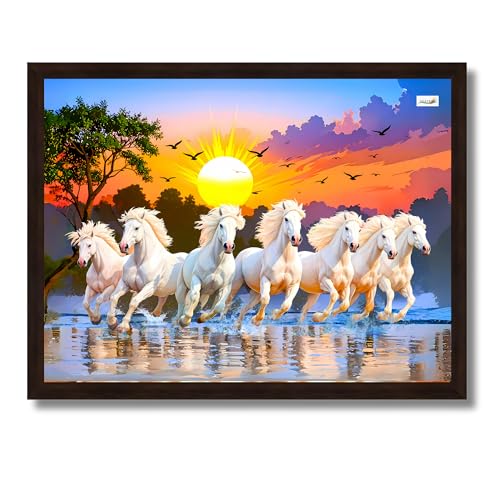 Nozvera 7 Horses Painting with Frame for Vastu – Rising Sun Wall Decor Painting | 7 Horses Wall Decor Photo Frame 10 x 13 inch | Modern Art Wall Painting for Living Room, Bedroom & Home Decoration - Image 1