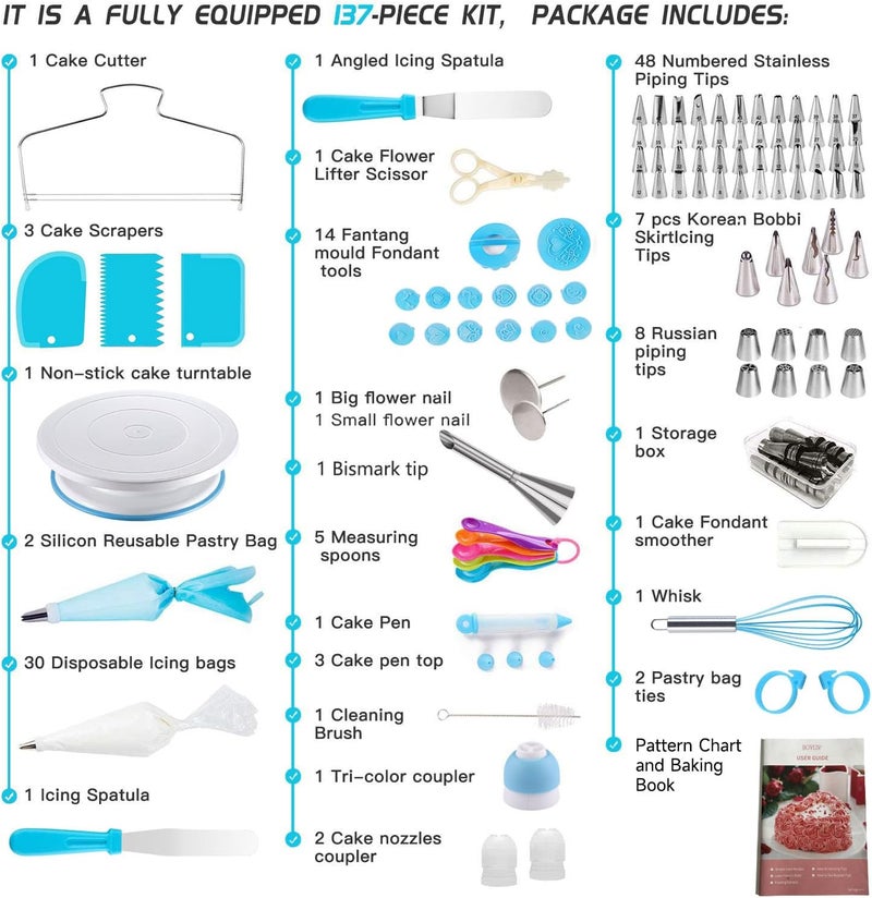 Boyun Cake Decorating Kit,137pcs Cake Decorating Supplies with Cake Turntable for Decorating,Pastry Piping Bag,Russian Piping Tips Baking Tools, Cake Baking Supplies for Beginners(Blue) - Image 3