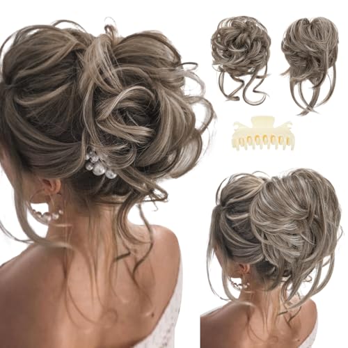 SARLA 2PCS Grey Messy Bun Hair Pieces for Women Detachable Claw Clip Wavy Curly Synthetic Hairpieces for Updos with Tendrils Fake Scrunchies Ponytail Extension Middle Grey - Image 1
