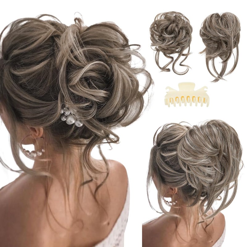 SARLA 2PCS Grey Messy Bun Hair Pieces for Women Detachable Claw Clip Wavy Curly Synthetic Hairpieces for Updos with Tendrils Fake Scrunchies Ponytail Extension Middle Grey - Image 2