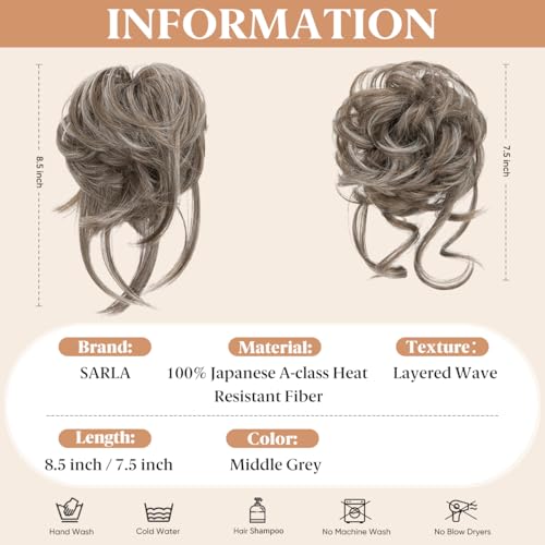 SARLA 2PCS Grey Messy Bun Hair Pieces for Women Detachable Claw Clip Wavy Curly Synthetic Hairpieces for Updos with Tendrils Fake Scrunchies Ponytail Extension Middle Grey - Image 3