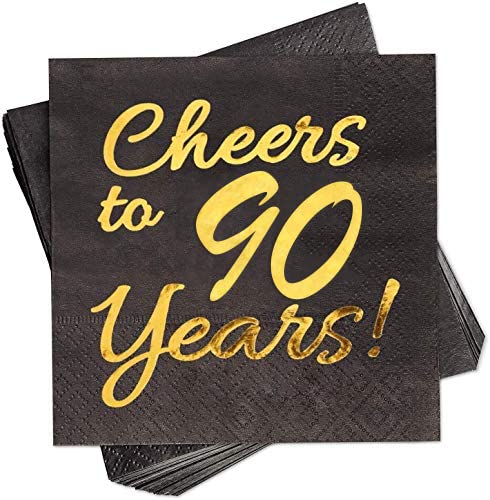 90th Birthday Decorations for Men Women Party Supplies Cocktail Napkins Black 50 Pack5x 5 FoldedCheers to 90 Years 90