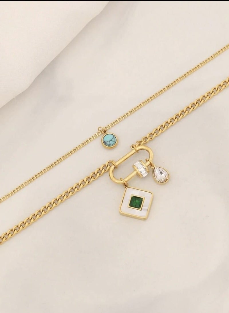 YUCCA One piece square turquoise double layer stainless steel chain necklace is suitable for women's daily wear - Image 2