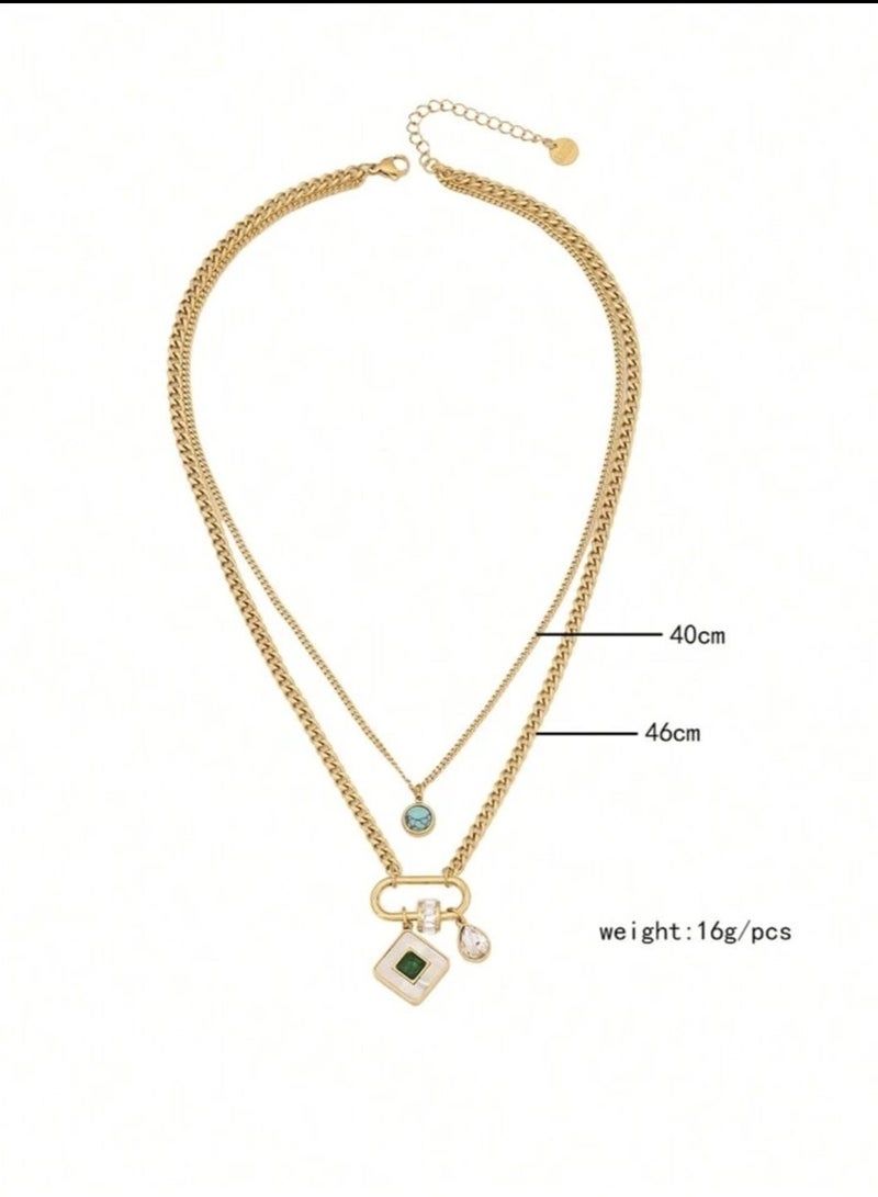 YUCCA One piece square turquoise double layer stainless steel chain necklace is suitable for women's daily wear - Image 3