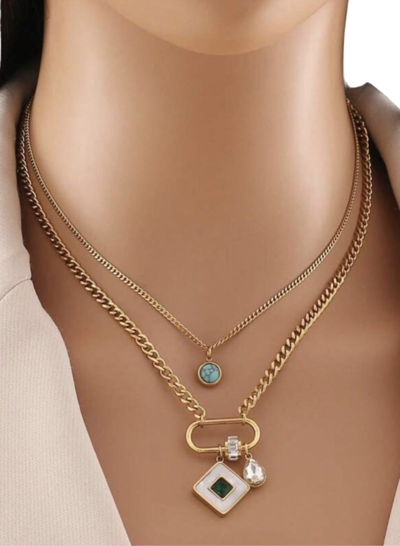 YUCCA One piece square turquoise double layer stainless steel chain necklace is suitable for women's daily wear - Image 1