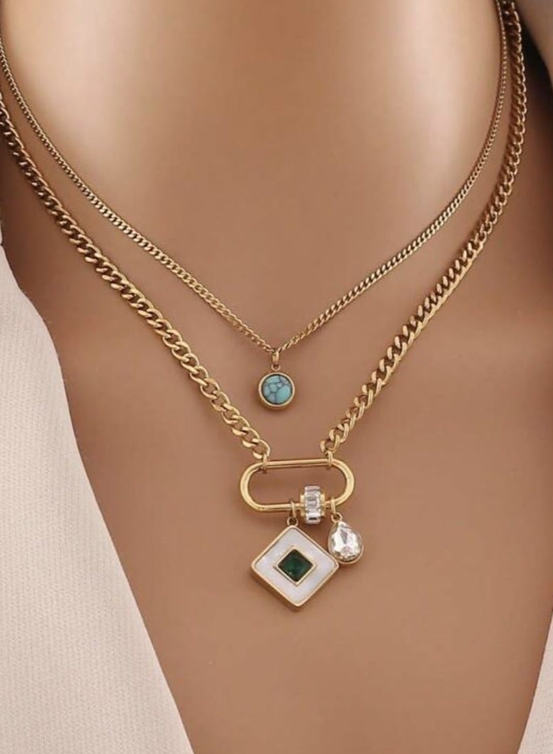 YUCCA One piece square turquoise double layer stainless steel chain necklace is suitable for women's daily wear - Image 4