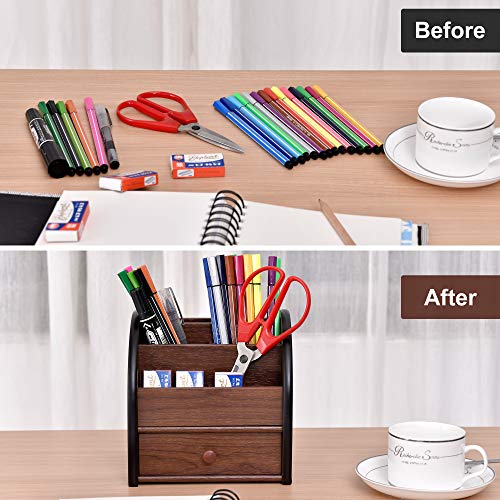 Siveit Wooden Desktop Organizer with Drawer, Multifunctional Office Supply Storage - Remote Control Caddy Holder - Image 5