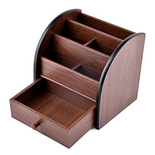 Siveit Wooden Desktop Organizer with Drawer, Multifunctional Office Supply Storage - Remote Control Caddy Holder - Image 1