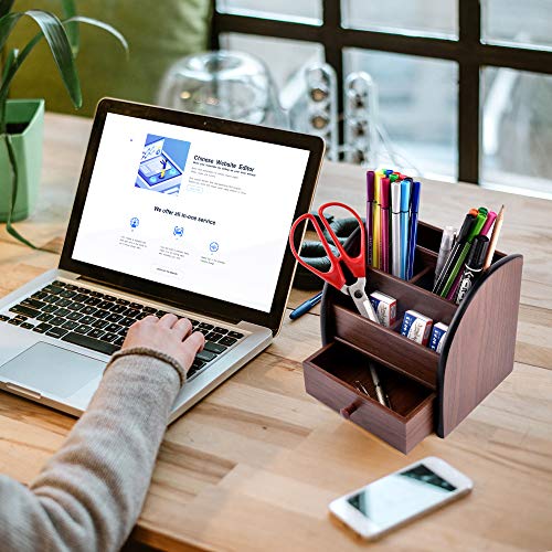 Siveit Wooden Desktop Organizer with Drawer, Multifunctional Office Supply Storage - Remote Control Caddy Holder - Image 2