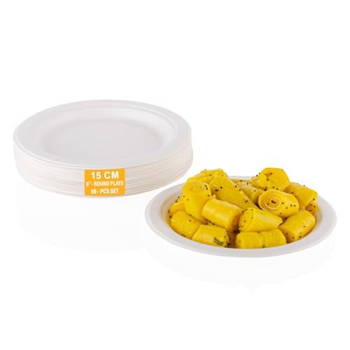 Clazkit 6 Inch Round Bagasse Plates (50 Pc) - Bamboo-Like Party Pack, Biodegradable Eco-Friendly Alternative to Plastic or Paper Plates - Image 1